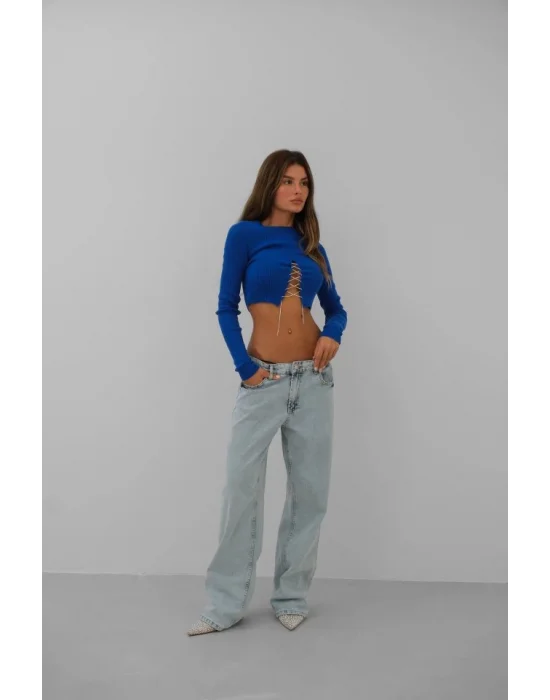 Taş Detay Triko Yaka Crop Bluz