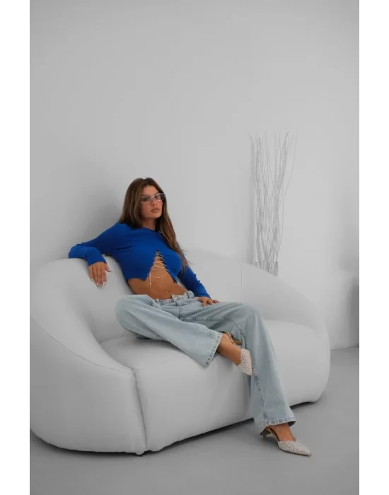 Taş Detay Triko Yaka Crop Bluz