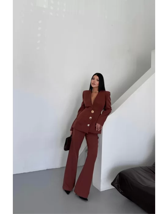 TASARIM CEKET-PANTOLON TAKIM METAL DÜĞME DETAYLI - Kahverengi