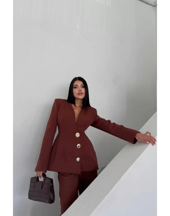 TASARIM CEKET-PANTOLON TAKIM METAL DÜĞME DETAYLI - Kahverengi