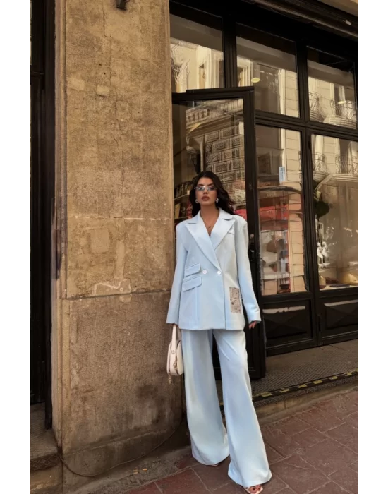 TASARIM ETİKET DETAYLI CEKET - PANTOLON TAKIM - Bebe Mavi