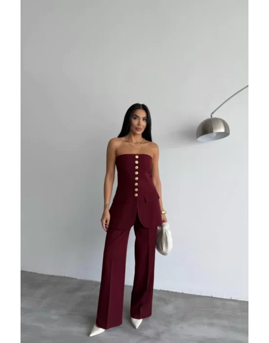 TASARIM GOLD DÜĞMELİ STRAPLEZYELEK - Bordo