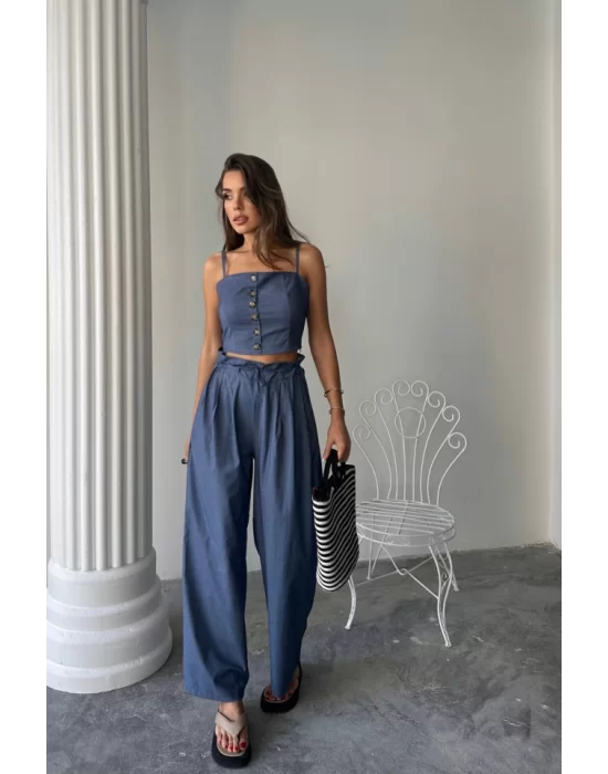 TENCEL CROP ASKILI BLUZ - ŞALVAR PANTOLON TK - İndigo