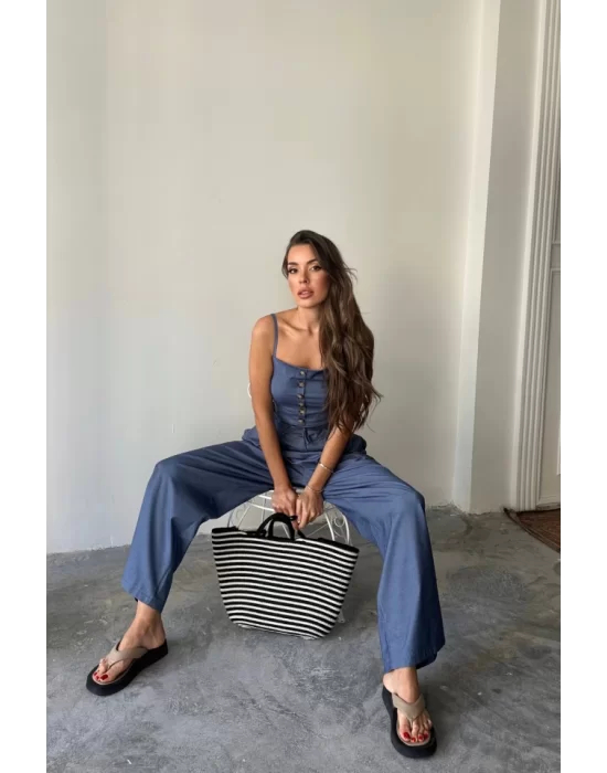 TENCEL CROP ASKILI BLUZ - ŞALVAR PANTOLON TK - İndigo