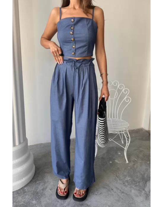 TENCEL CROP ASKILI BLUZ - ŞALVAR PANTOLON TK - İndigo