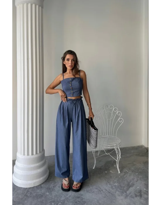 TENCEL CROP ASKILI BLUZ - ŞALVAR PANTOLON TK - İndigo