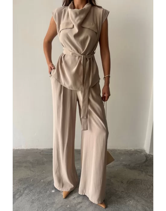 TENCEL MODAL KOLSUZ BLUZ KAPALI CEP DETAYLI DÖKÜMLÜ - PANTOLON TAKIM - Bej