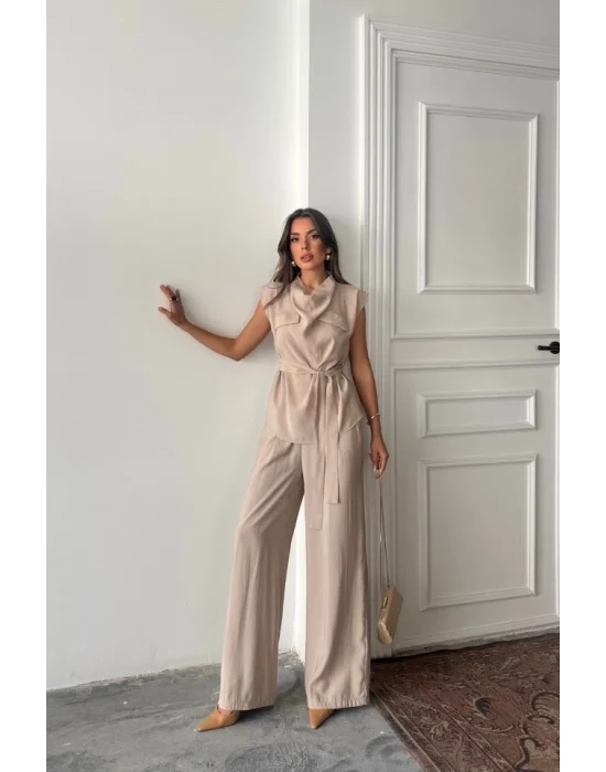 TENCEL MODAL KOLSUZ BLUZ KAPALI CEP DETAYLI DÖKÜMLÜ - PANTOLON TAKIM - Bej