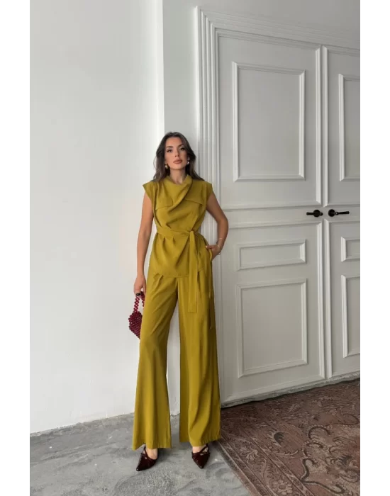 TENCEL MODAL KOLSUZ BLUZ KAPALI CEP DETAYLI DÖKÜMLÜ - PANTOLON TAKIM - Yağ Yeşili