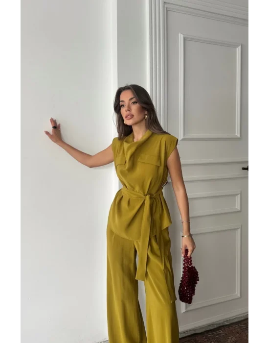 TENCEL MODAL KOLSUZ BLUZ KAPALI CEP DETAYLI DÖKÜMLÜ - PANTOLON TAKIM - Yağ Yeşili