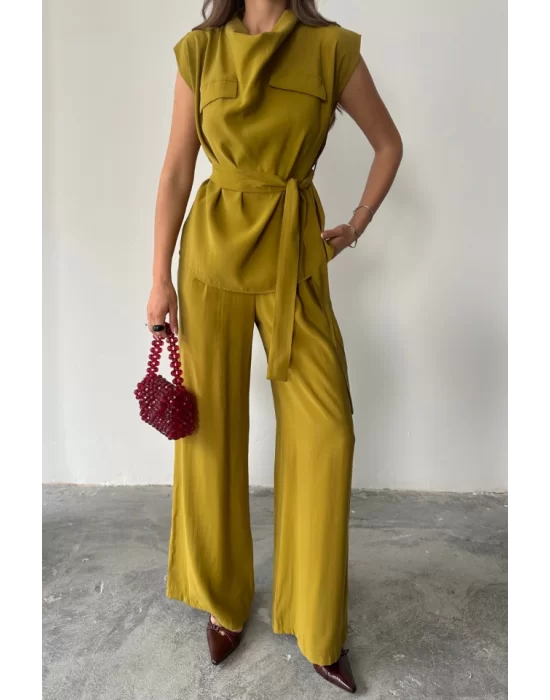 TENCEL MODAL KOLSUZ BLUZ KAPALI CEP DETAYLI DÖKÜMLÜ - PANTOLON TAKIM - Yağ Yeşili