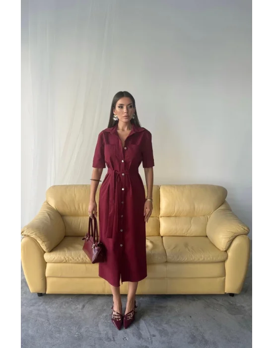 TENCEL ÖNDEN DÜĞMELİ KISA KOL ELBİSE - Bordo