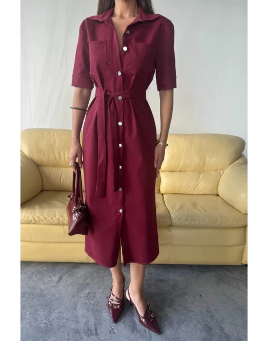 TENCEL ÖNDEN DÜĞMELİ KISA KOL ELBİSE - Bordo