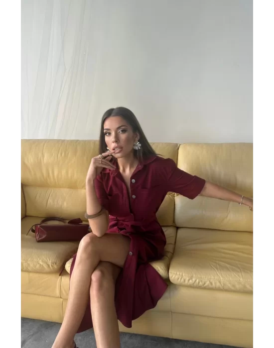 TENCEL ÖNDEN DÜĞMELİ KISA KOL ELBİSE - Bordo
