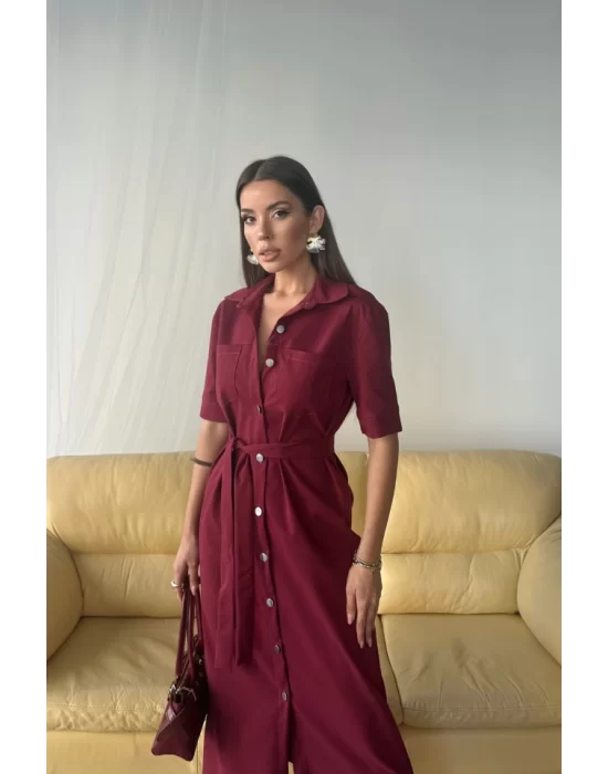 TENCEL ÖNDEN DÜĞMELİ KISA KOL ELBİSE - Bordo