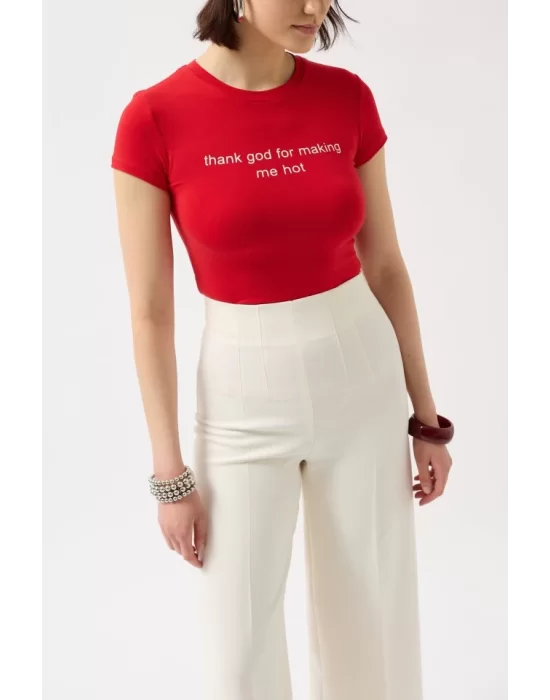 Thanks God Baskılı Likralı Crop T-Shirt