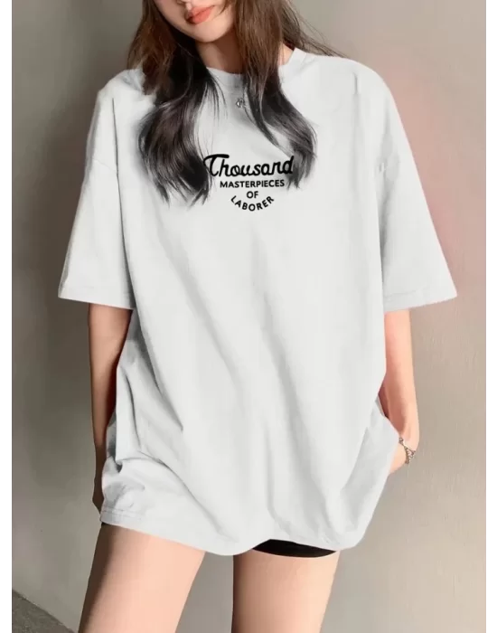 Thousand Baskılı Oversize Bisiklet Yaka T-shirt - Beyaz