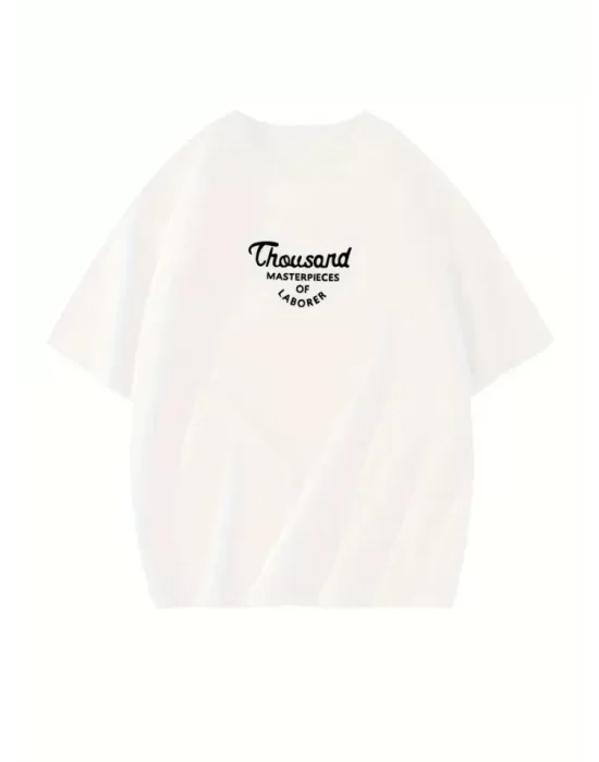 Thousand Baskılı Oversize Bisiklet Yaka T-shirt - Beyaz