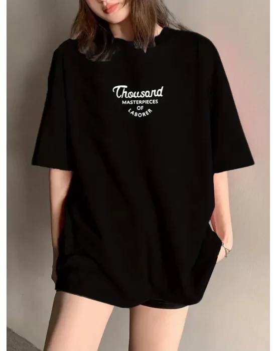 Thousand Baskılı Oversize Bisiklet Yaka T-shirt - Siyah