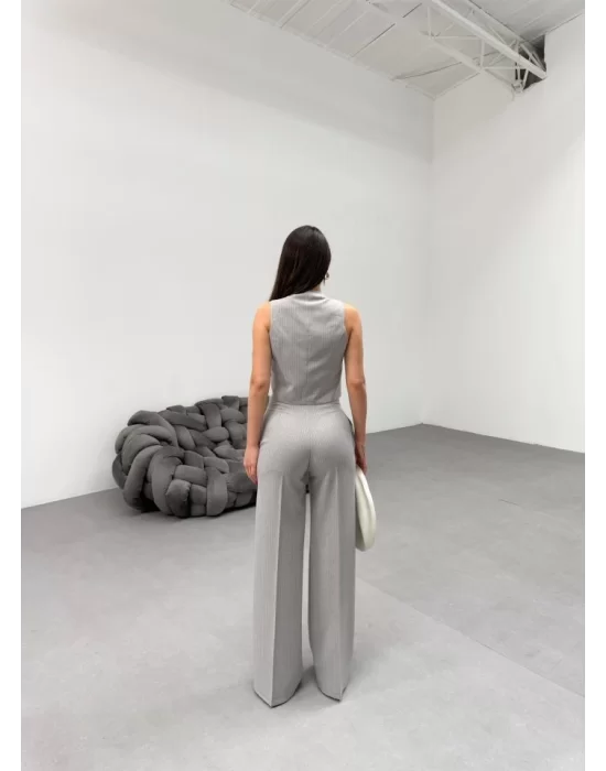 Toskana Çi̇zgi̇li̇ Kruvaze Yaka Tek Düğmeli̇ Yelek Pantolon Takim