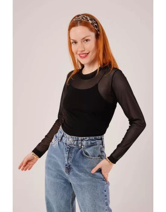 Transparan Siyah Tül Basic Bluz