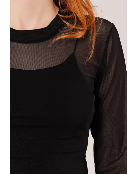 Transparan Siyah Tül Basic Bluz