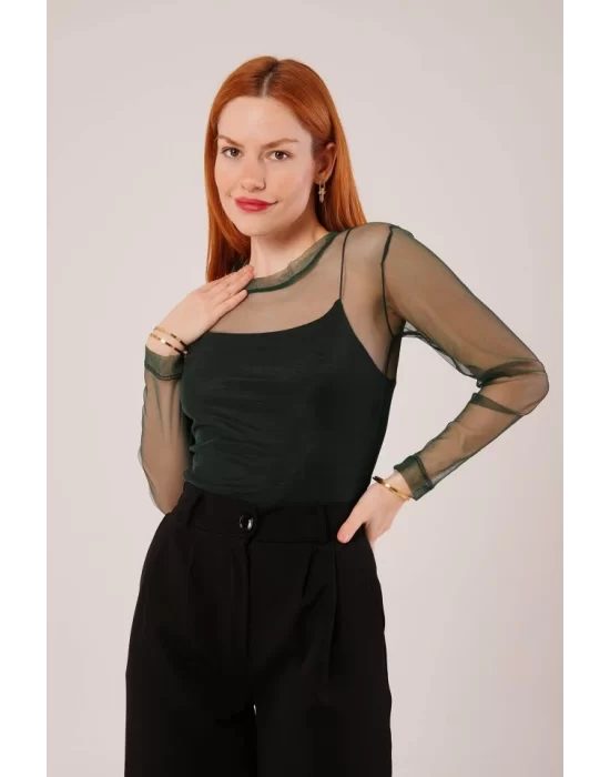 Transparan Yeşil Tül Basic Bluz