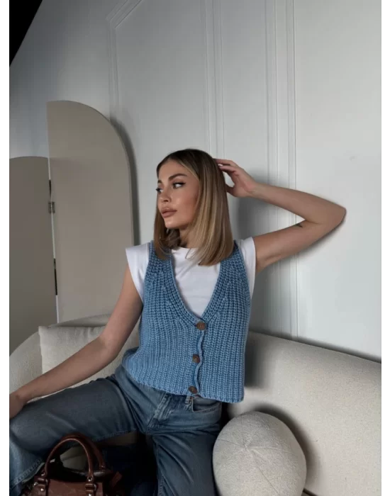 Triko Kolsuz Düğmeli Yelek - Mavi