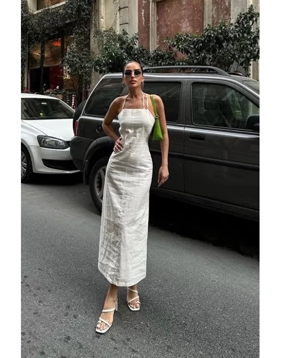 Trisha Sırt Dekolteli Keten Elbise 2496-20 ELBİSE
