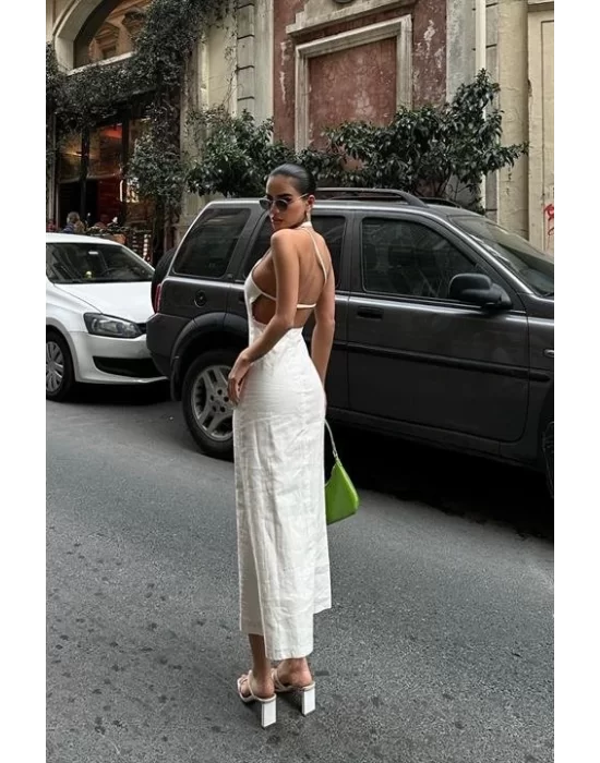 Trisha Sırt Dekolteli Keten Elbise 2496-20 ELBİSE