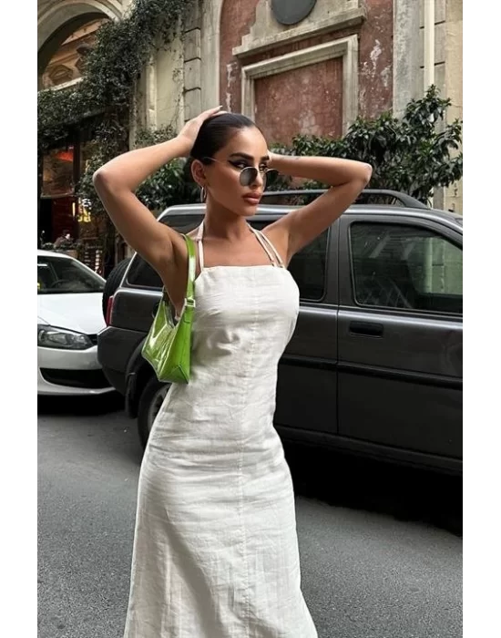 Trisha Sırt Dekolteli Keten Elbise 2496-20 ELBİSE