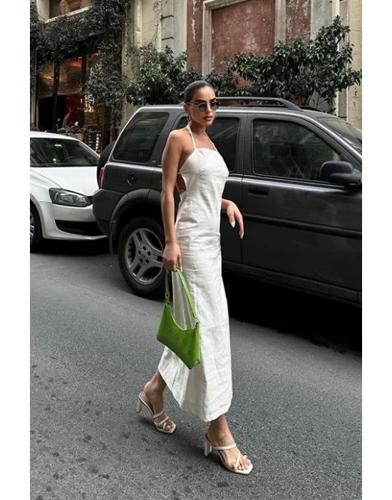 Trisha Sırt Dekolteli Keten Elbise 2496-20 ELBİSE