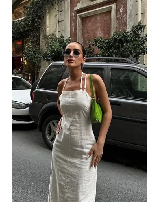 Trisha Sırt Dekolteli Keten Elbise 2496-20 ELBİSE