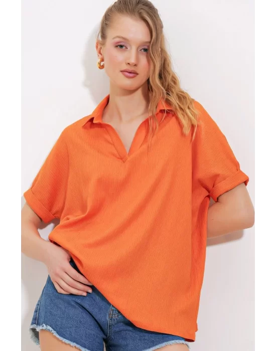 Turuncu Oversize Polo Yaka Örme Bluz 0486