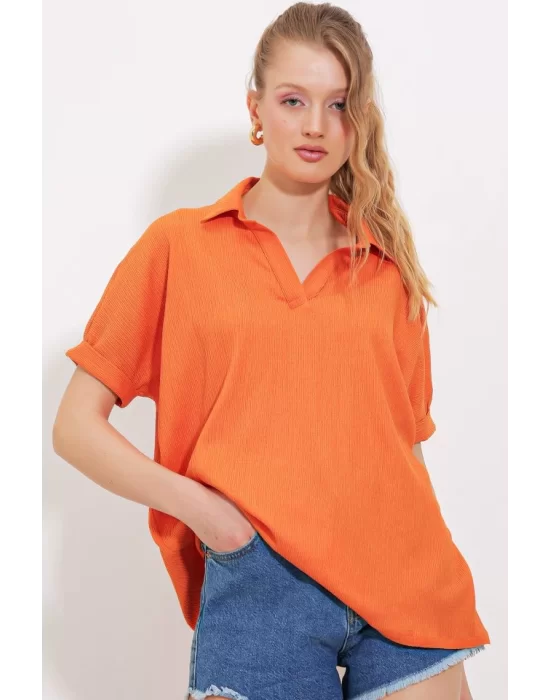 Turuncu Oversize Polo Yaka Örme Bluz 0486