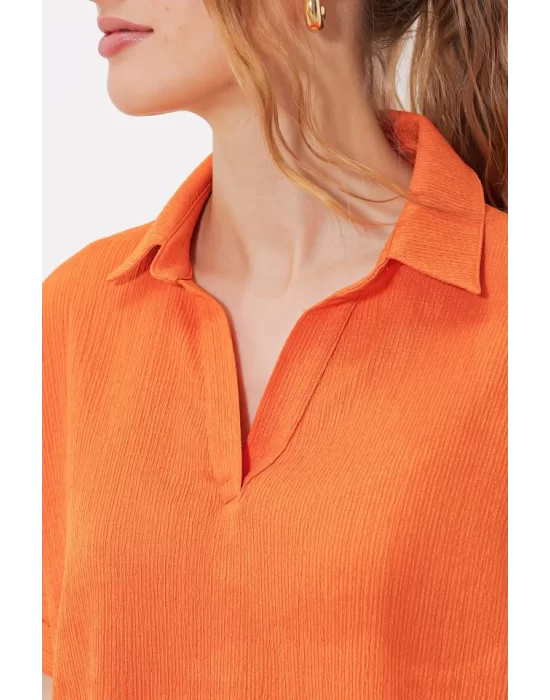 Turuncu Oversize Polo Yaka Örme Bluz 0486
