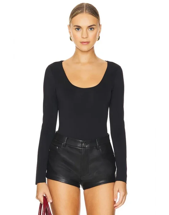 MetuCa Kadın Siyah Geniş U Yaka Uzun Kollu İpek Jarse Kumaş Tanga Kesim Bodysuit Zıbın