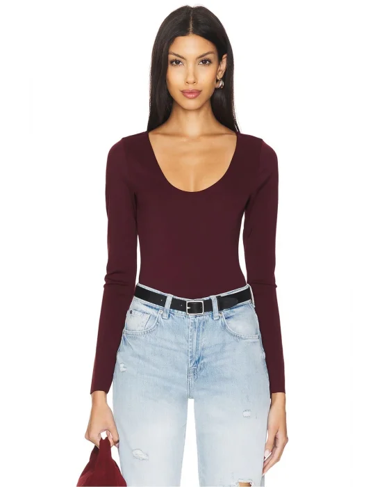 MetuCa Kadın Bordo Geniş U Yaka Uzun Kollu İpek Jarse Kumaş Tanga Kesim Bodysuit Zıbın