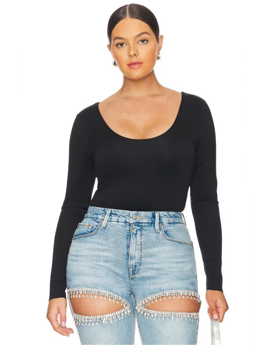 MetuCa Kadın Siyah Geniş U Yaka Uzun Kollu İpek Jarse Kumaş Tanga Kesim Bodysuit Zıbın