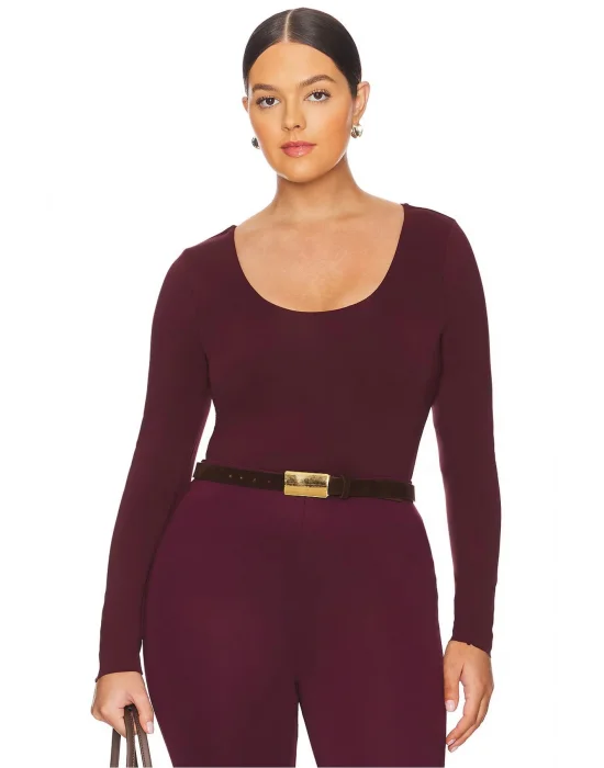 MetuCa Kadın Bordo Geniş U Yaka Uzun Kollu İpek Jarse Kumaş Tanga Kesim Bodysuit Zıbın