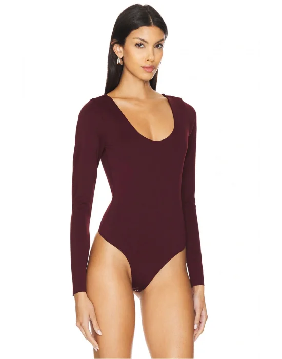 MetuCa Kadın Bordo Geniş U Yaka Uzun Kollu İpek Jarse Kumaş Tanga Kesim Bodysuit Zıbın