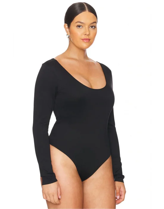 MetuCa Kadın Siyah Geniş U Yaka Uzun Kollu İpek Jarse Kumaş Tanga Kesim Bodysuit Zıbın