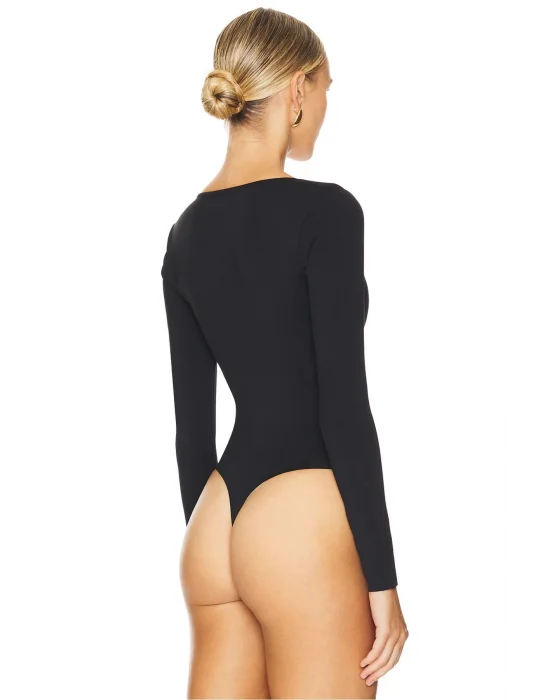 MetuCa Kadın Siyah Geniş U Yaka Uzun Kollu İpek Jarse Kumaş Tanga Kesim Bodysuit Zıbın