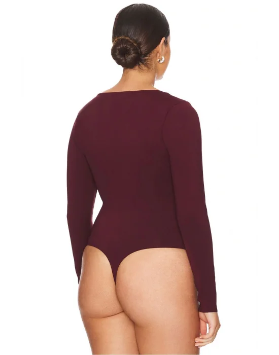 MetuCa Kadın Bordo Geniş U Yaka Uzun Kollu İpek Jarse Kumaş Tanga Kesim Bodysuit Zıbın