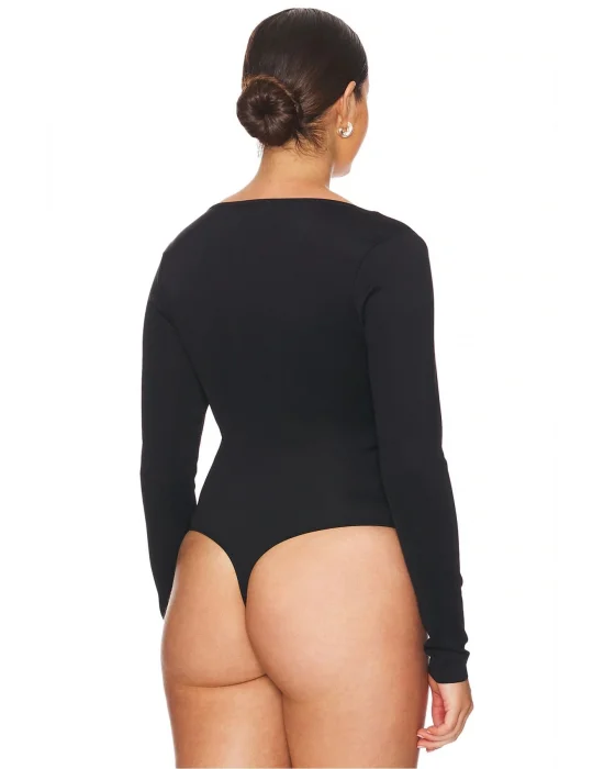 MetuCa Kadın Siyah Geniş U Yaka Uzun Kollu İpek Jarse Kumaş Tanga Kesim Bodysuit Zıbın