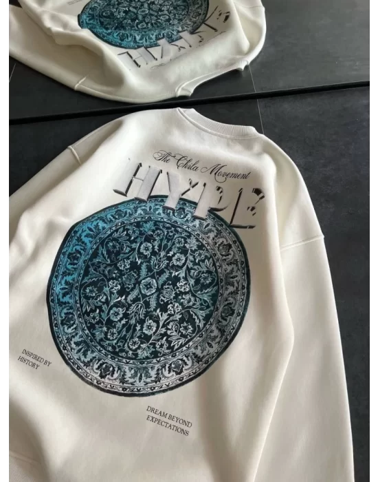 Üç İplik Bisiklet Yaka Baskılı SweatShirt - Beyaz