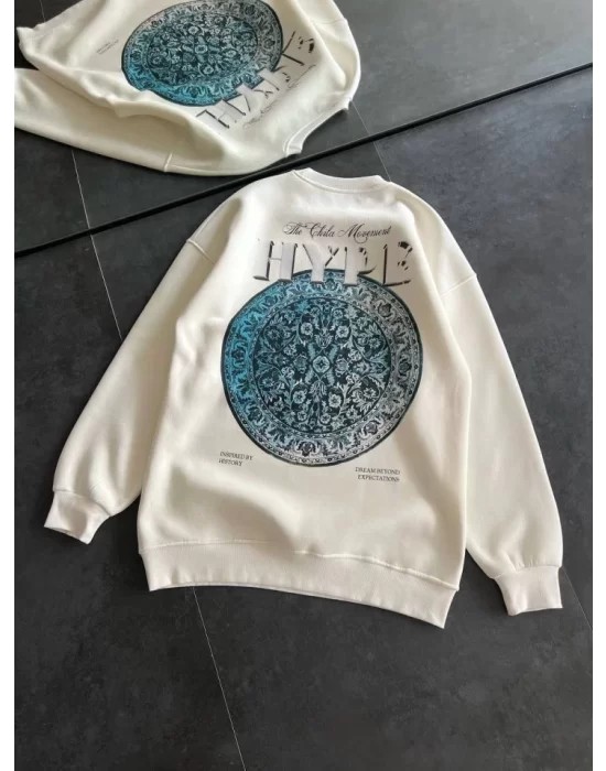 Üç İplik Bisiklet Yaka Baskılı SweatShirt - Beyaz