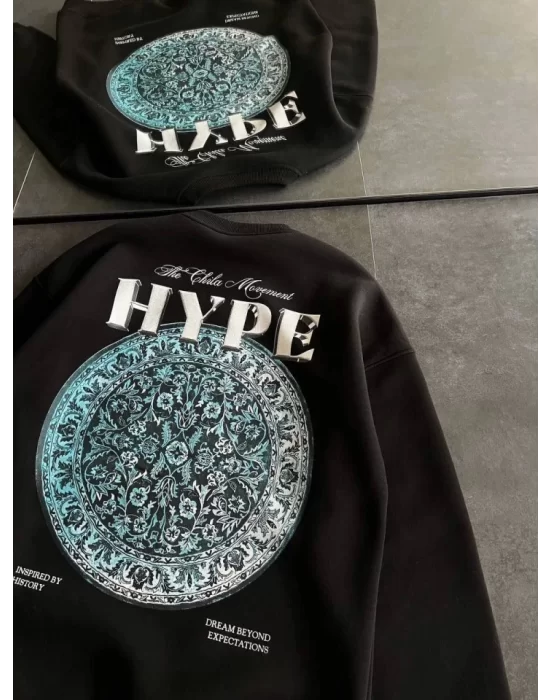 Üç İplik Bisiklet Yaka Baskılı SweatShirt - Siyah