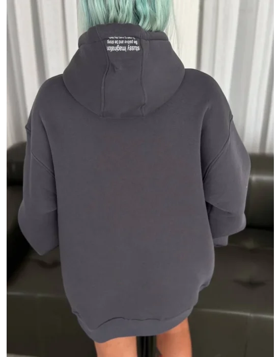 Üç İplik Kapşonlu Baskılı SweatShirt - Füme