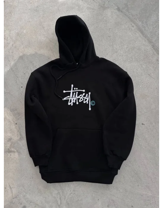 Üç İplik Kapşonlu Baskılı SweatShirt - Siyah